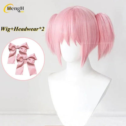 In Stock Synthetic Anime Kaname Madoka Cosplay Wig Short 30cm Pink Double Ponytail Wig Heat Resistant Hair Halloween Party Wigs