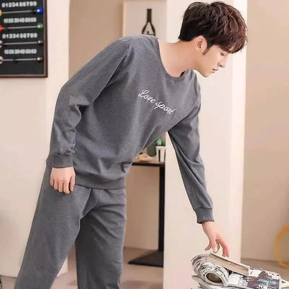 Cotton Pajamas Men Spring and Fall Long-Sleeved Long Pants Korean Version of the Loose Homewear Solid Sleepwear Loungewear Large