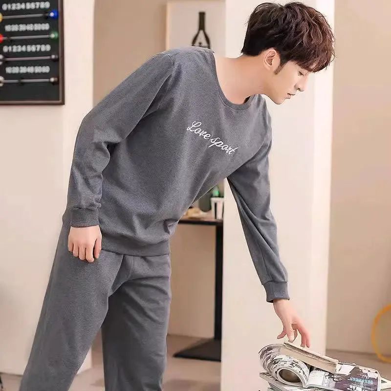 Cotton Pajamas Men Spring and Fall Long-Sleeved Long Pants Korean Version of the Loose Homewear Solid Sleepwear Loungewear Large