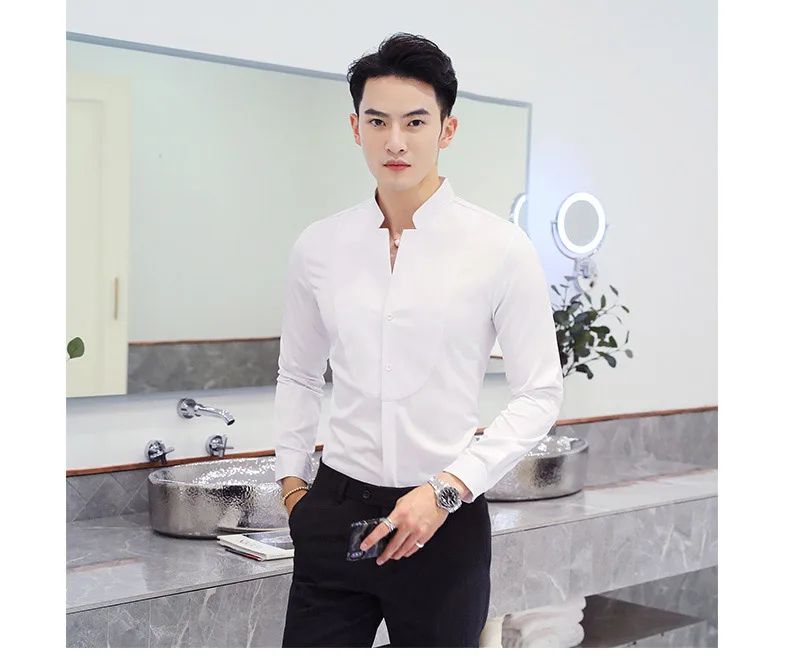 Black Men Long Sleeve Shirt, White Single Breasted Collar Stretch Shirts, Red Fashion Slim Top,Asian Size M-5XL(Korean Slim Fit)