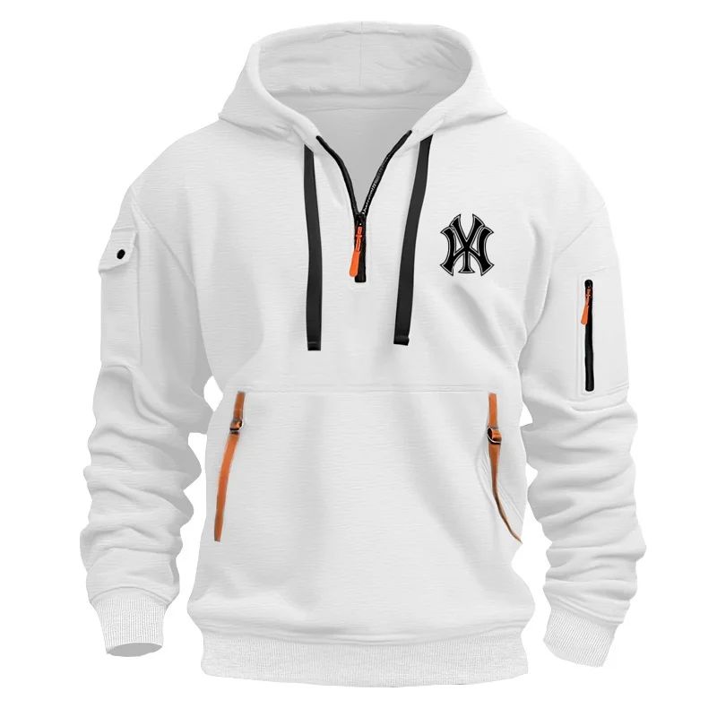 Autumn Long-sleeved Hooded Pullover Men's Zippered Pocket Sweatshirt, Drawstring Sports Men's Casual Hooded Sweatshirt