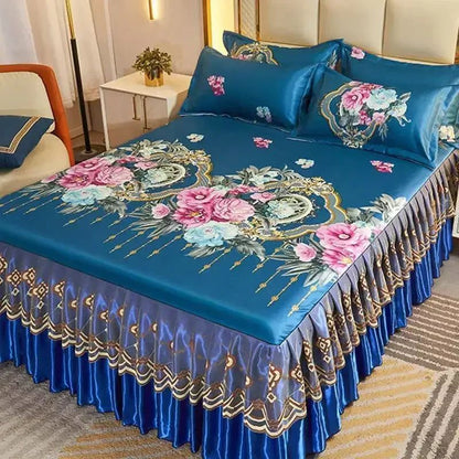 Kit 3 Peças de Lençol de Casal com Renda Clássica Azul Royal, Saia para Cama, Colcha de Casamento Lavável à Máquina, Capa de Colchão