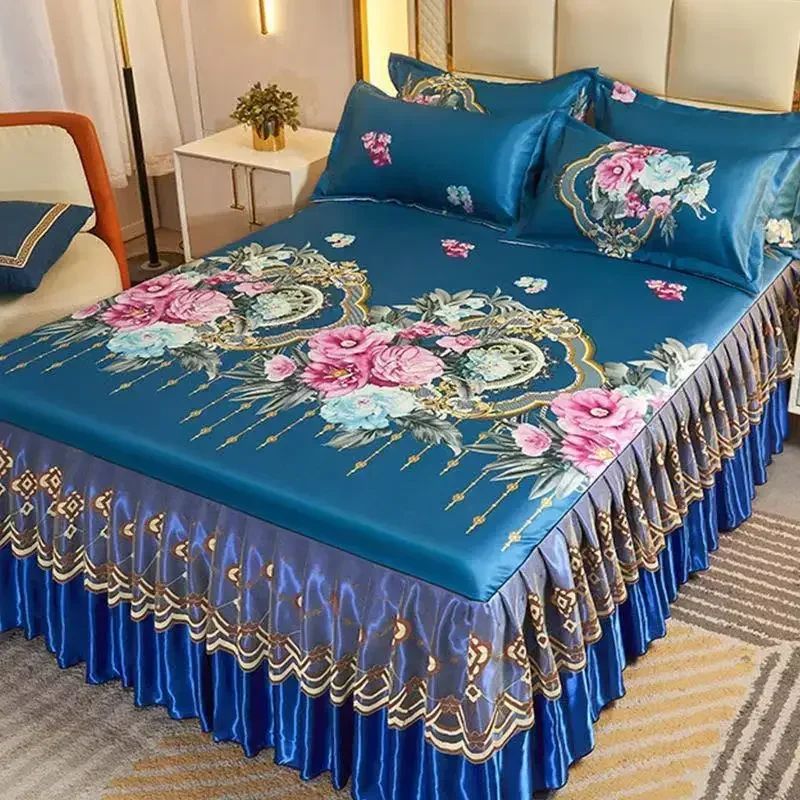 Kit 3 Peças de Lençol de Casal com Renda Clássica Azul Royal, Saia para Cama, Colcha de Casamento Lavável à Máquina, Capa de Colchão