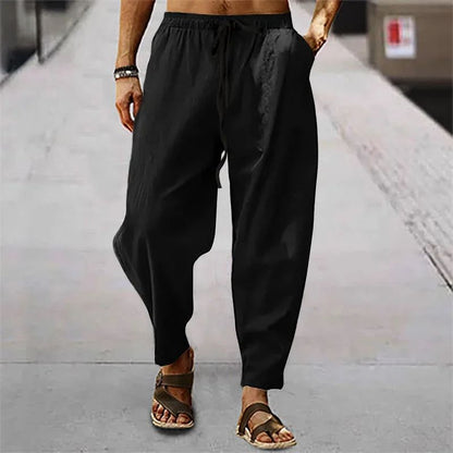 2025 Calça Masculina de Algodão e Linho Verão e Outono Cor Sólida Cintura Alta Perna Larga Calça Masculina Solta Cânhamo Casual Respirável Esportiva