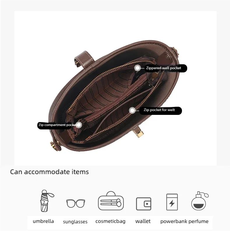 Women's Genuine Leather Bucket Bag Retro Shoulder Crossbody Handbag Fashionable Luxurious Women's Bag