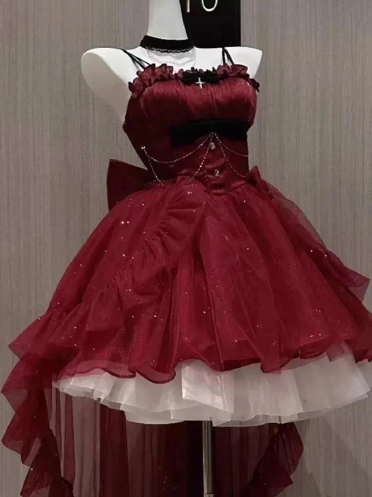 Gothic Y2k Sling Dress Women Harajuku Retro Tulle Ruffles Trim Christmas Party Outfit Grunge Aesthetic Sleeveless Elegant Wear