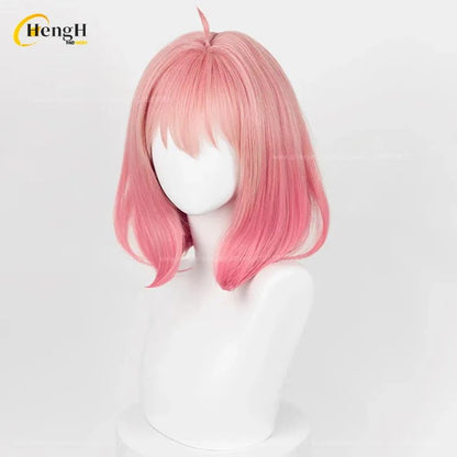 Pronta Entrega Anya Forger Peruca Sintética Anime Curta 37cm Rosa Gradiente Perucas de Cosplay Com Acessórios de Cabelo Resistente ao Calor Perucas de Halloween
