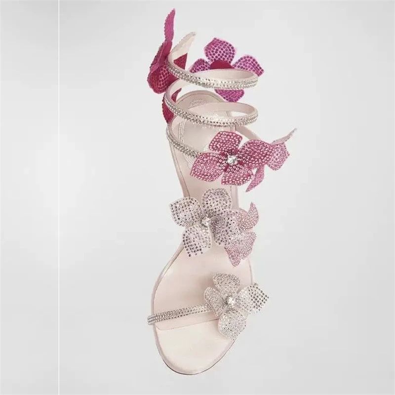 Sandália Feminina Sexy Eilyken com Flores de CRISTAL Salto Fino Alto Tiras Finas no Tornozelo Estilo de Rua Sapatos de Pole Dance