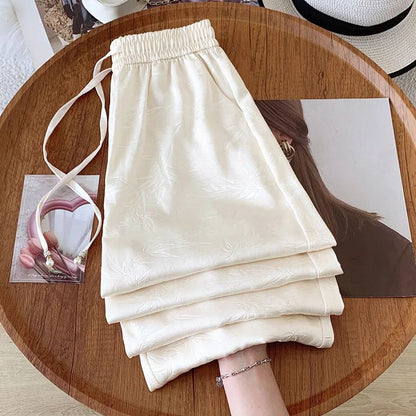 Plus Size Acetate Wide Leg Pants Women's Spring Autumn National Style Print High Waist Slimming Drapey Cool Large Size Women'...