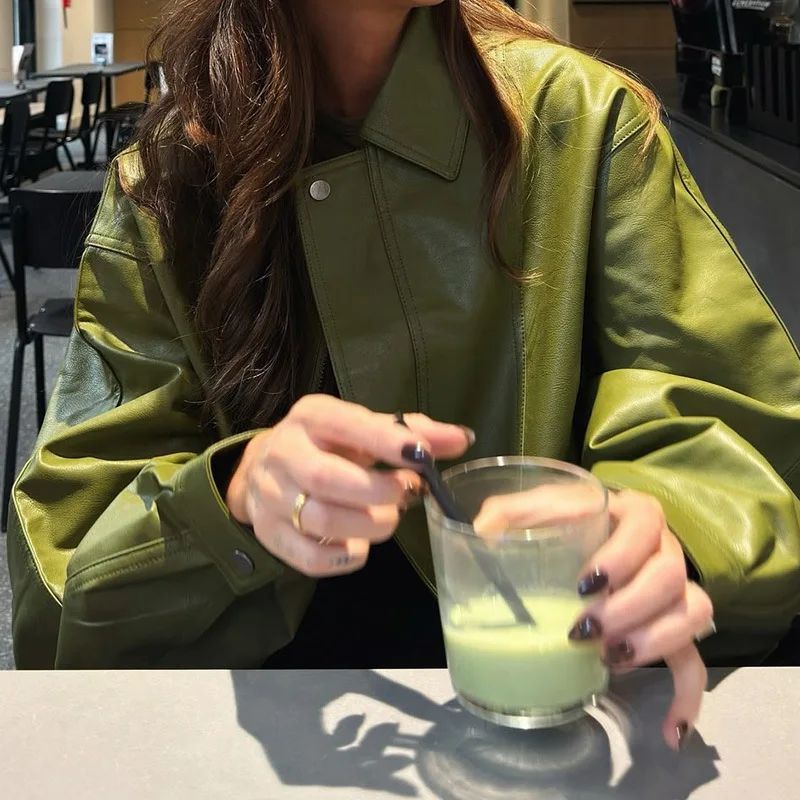 Olive Green Leather Jacket Coat Silhouette Vintage High Street Trend Zipper Lapel Short Overcoat Loose Casual Top Outwear Autumn