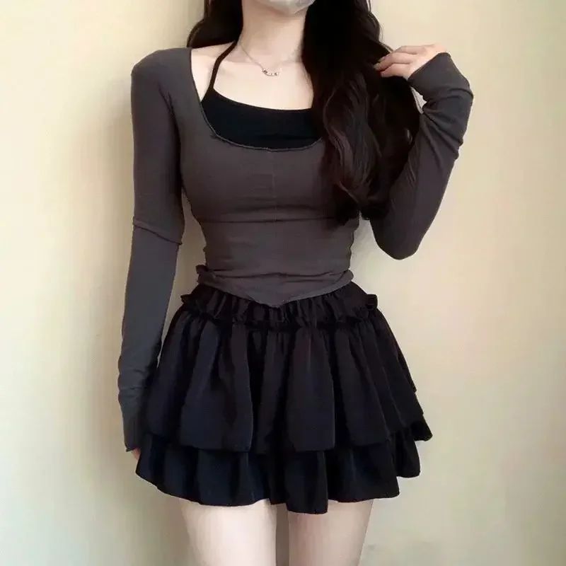 Summer Gothic Lace Tutu Skirt with Black Mesh Detail for Women Sexy Mini Tulle Skirt for Party Club Wear and Dance Elastic Waist