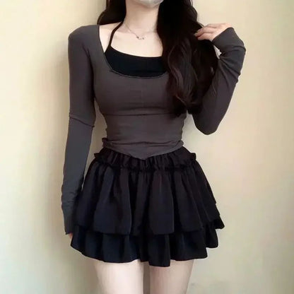 Summer Gothic Lace Tutu Skirt with Black Mesh Detail for Women Sexy Mini Tulle Skirt for Party Club Wear and Dance Elastic Waist