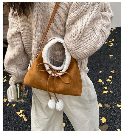 Faux Suede Solid Color Bow Hairy Cute Women's Handbags Christmas Gift Giving Fashion Bags 2025 Autumn/winter New Shoulder Bags