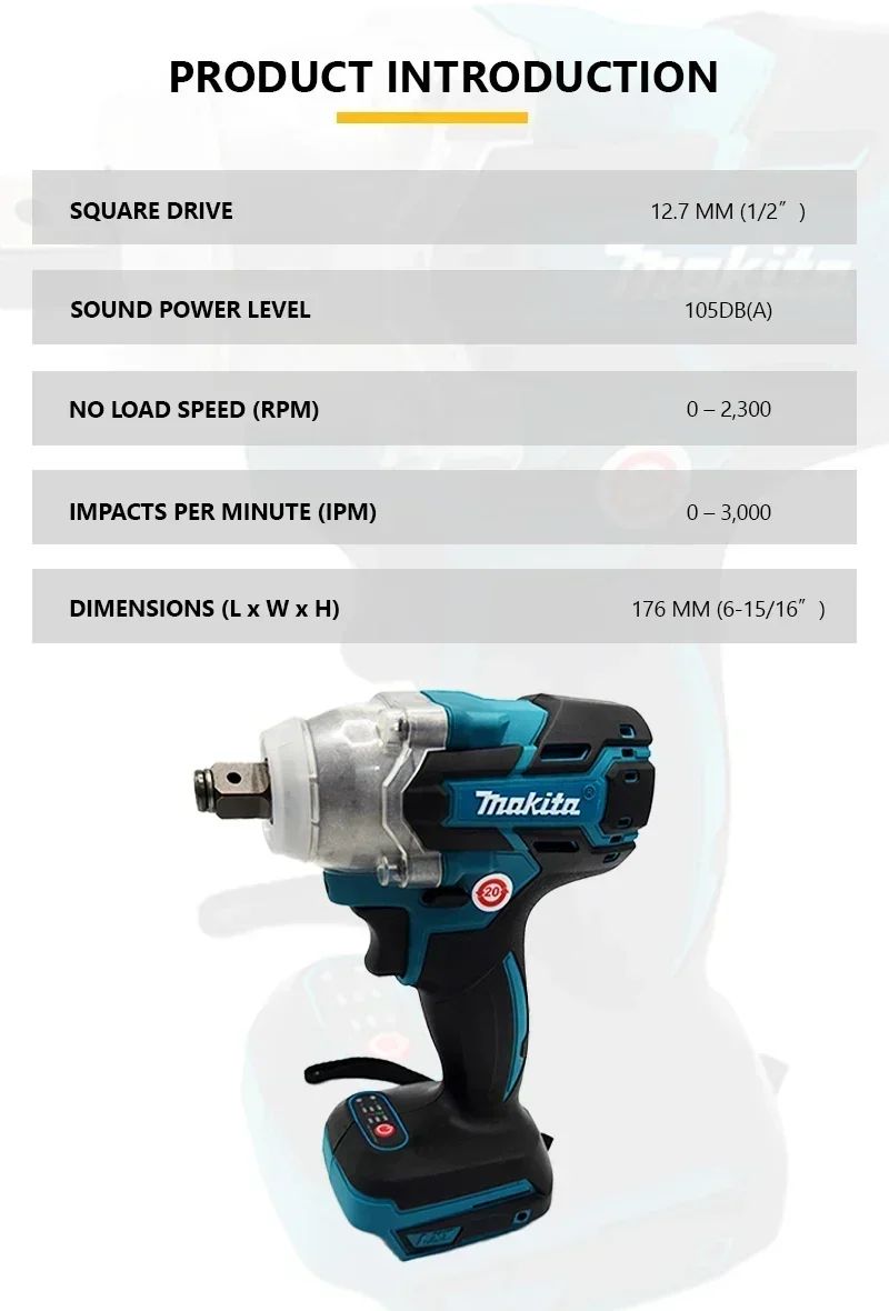 Makita DTW600 3100IPM Chave de Impacto Sem Fio 18V 1/2 Pol. Parafusadeira Sem Escova Chave de Fenda Elétrica Recarregável Ferramenta para Serviço Automotivo