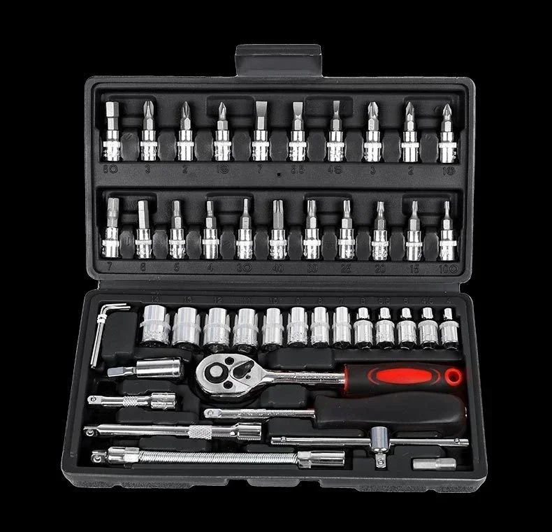 Conjunto de 46 Ferramentas para Reparação Automotiva com Chave Catraca, Chave de Boca, Chave de Fenda e Kit Profissional para Trabalhos em Metal