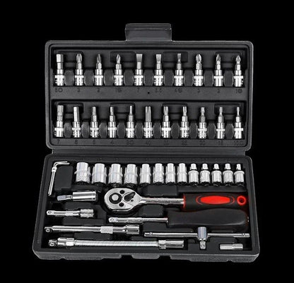 Conjunto de 46 Ferramentas para Reparação Automotiva com Chave Catraca, Chave de Boca, Chave de Fenda e Kit Profissional para Trabalhos em Metal