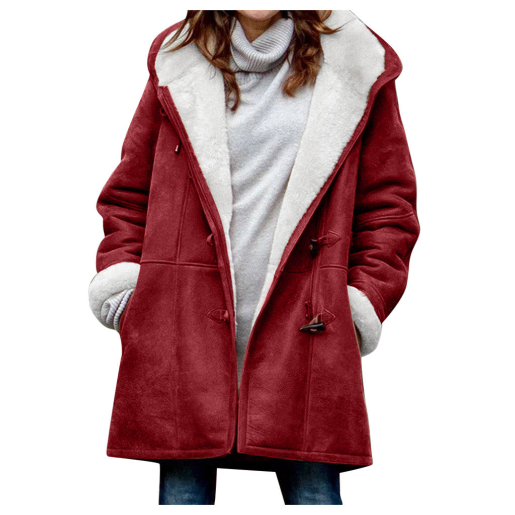 New Warm Outwear Women Winter Plus Size Solid Plus Velvet Coat Long Sleeve Pocket Overcoat Ladies Hooded Coat 2023