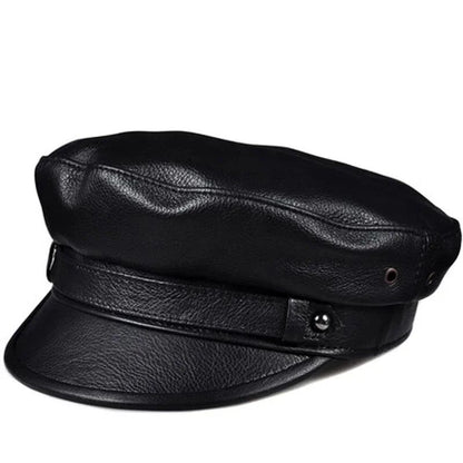 Chapéus Masculinos/Femininos de Inverno em Couro Genuíno Azul-Marinho Unissex Europeu/Americano Streetwear Bonés Pretos Ajustados com Cinto Outdoor Gorro