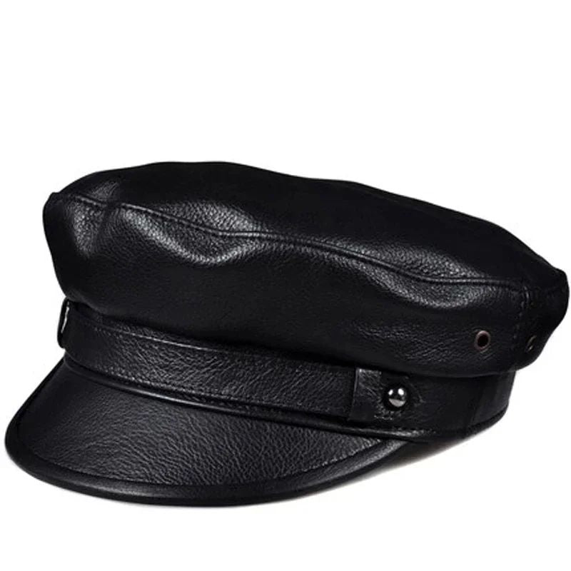 Chapéus Masculinos/Femininos de Inverno em Couro Genuíno Azul-Marinho Unissex Europeu/Americano Streetwear Bonés Pretos Ajustados com Cinto Outdoor Gorro