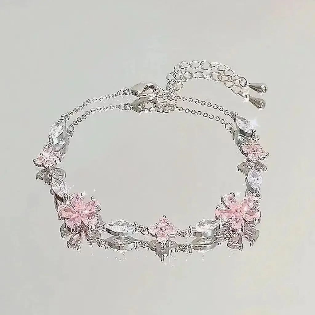 Pulseiras de Cerejeira de Cristal Rosa Brilhante para Mulheres Meninas Doce Lua Laço Flores Zircônia Pulseira Festa Joias Estéticas