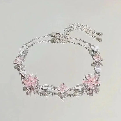 Pulseiras de Cerejeira de Cristal Rosa Brilhante para Mulheres Meninas Doce Lua Laço Flores Zircônia Pulseira Festa Joias Estéticas