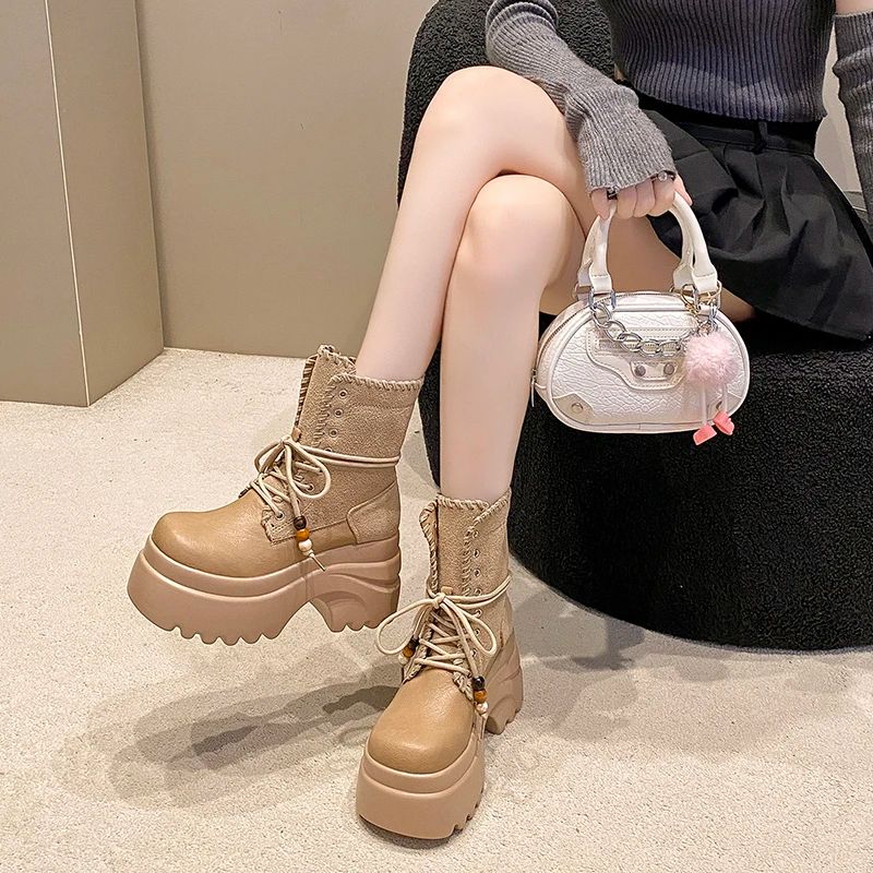 High Platform Women Motorcycle Boots 9CM Wedge Heels Walking Ankle Shoes New 2025 Autumn Winter Lace-up Modern Short Booties