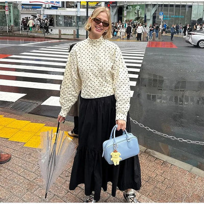 Polka Dot Stand Neck Short Jackets Women Fashion Long Sleeve Patchwork Contrast Slim Coats Casual Lady Street Commute Outerwear