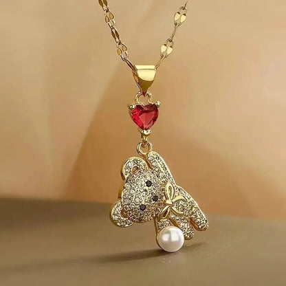 1 Peça Corrente de Aço Titânio Inoxidável Lindo Laço Vermelho Coração Amor Balão Urso Pingente Colar Joias Românticas Femininas Presente Para Meninas