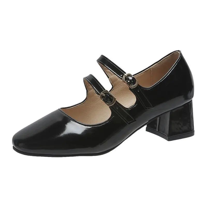 Sapatos Femininos Mary Janes com Fivela Dupla Primavera Outono Sapatos de Vestido em Couro Envernizado Scarpins Salto Alto Sapatos Retrô para Senhoras Preto Vermelho