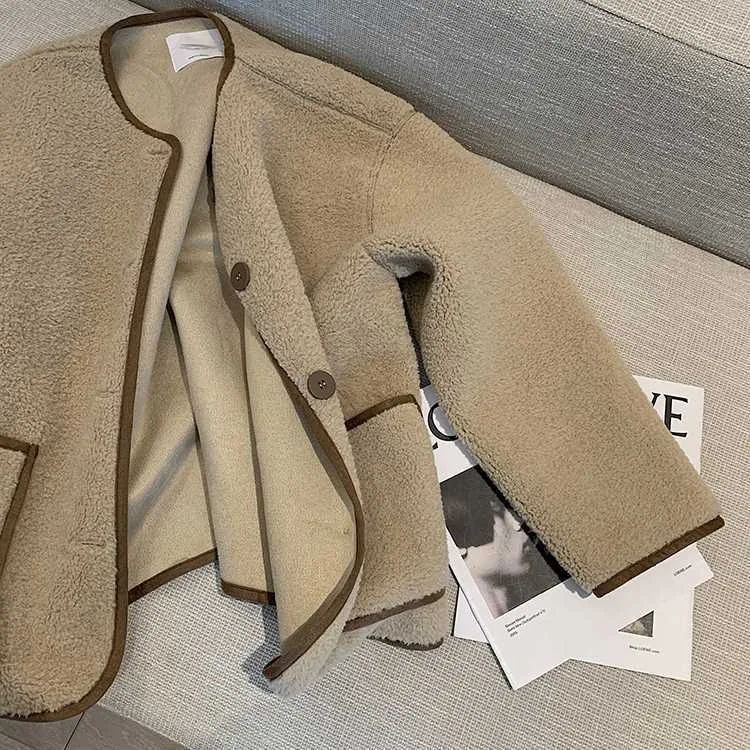 Korean Style Short Lamb Fur Jacket Women's Crew Neck Lazy Style Outerwear Autumn Winter New Arrival Soft Cozy round Neck Top