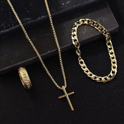 Conjunto 3 Peças Masculino de Aço Inoxidável Colar com Pingente de Cruz, Pulseira e Anel Joias Masculinas Acessórios Hip Hop para Uso Diário
