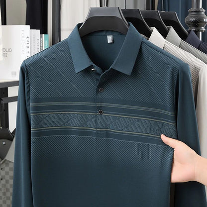 TFETTERS Elegant T Shirt for Man 2025 Spring Autumn Tops Long Sleeve Turn Down Collar Graphic Smart Casual T-shirt for Men