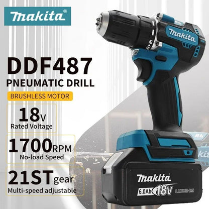 Furadeira elétrica sem escovas Makita DDF487 18V 2025, adequada para furadeira de impacto de cinco cordas de equipe de decoração, usa bateria Makita 18V