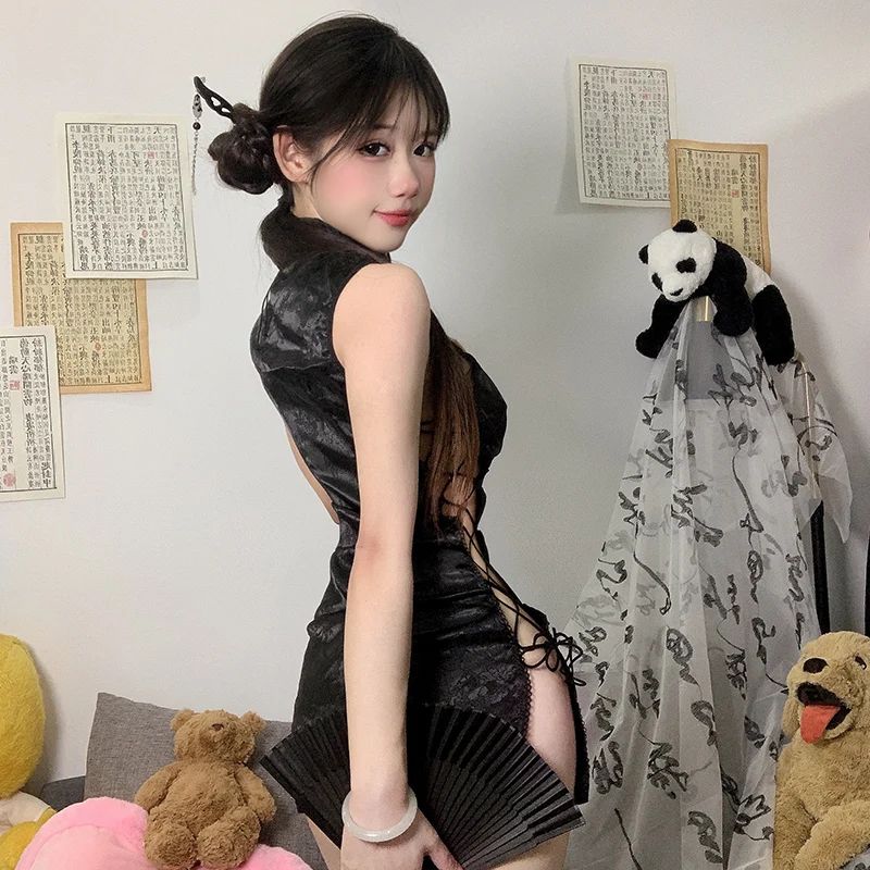 Robe Qipao chinoise pour femme, lingerie sexy, bandage à fente haute, uniforme Cheongsam, costume de boîte de nuit Anime