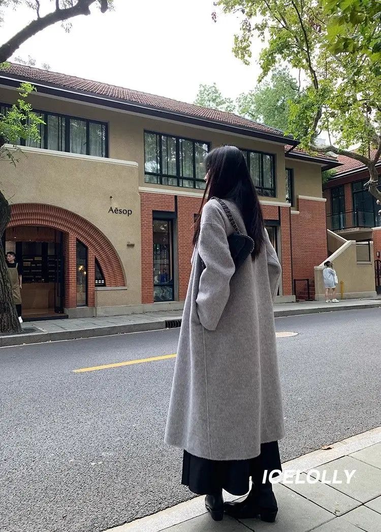 Light Grey Woolen Coat Women's Long Loose Korean Style Fashionable Autumn Winter New Arrival Polyester Fiber Full Sleeve