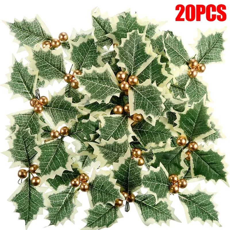 5-100Pcs Artificial Holly Berry Green Leaves Christmas Ornaments Gold Red Holly Berry Stems Xmas Tree Wreath Gifts Party Decor