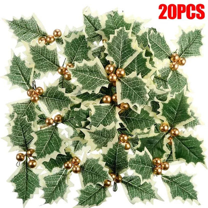 5-100Pcs Artificial Holly Berry Green Leaves Christmas Ornaments Gold Red Holly Berry Stems Xmas Tree Wreath Gifts Party Decor
