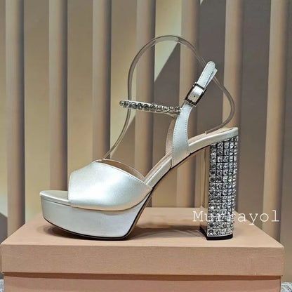 Women Open Toe Rhinestone High Heels Sandals Satin Waterproof Platform Sandalias Summer Party Dress Shoes Pumps Wedding Shoes