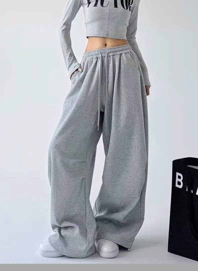 Calça Esportiva Cinza de Cintura Alta Solta Masculina Feminina Casual Perna Larga Calças Estilo Primavera Outono Confortável Moletom Roupa de Trabalho