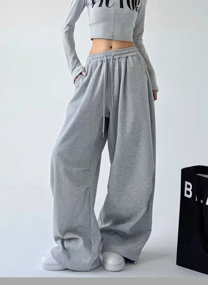 Calça Esportiva Cinza de Cintura Alta Solta Masculina Feminina Casual Perna Larga Calças Estilo Primavera Outono Confortável Moletom Roupa de Trabalho