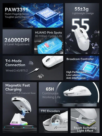 Attack Shark X6 PAW3395 Bluetooth Mouse,2.4 Tri-Mode Connection, RGB Touch Magnetic Charging Base, Macro Gaming Mouse