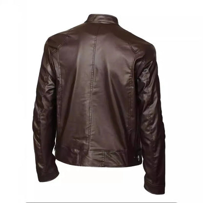 Casual Men's Biker Jacket Stand Collar Slim Fit Zipper Pocket Leather Coat Motorcycle Clothing Outerwear Fashionable Men's Wear