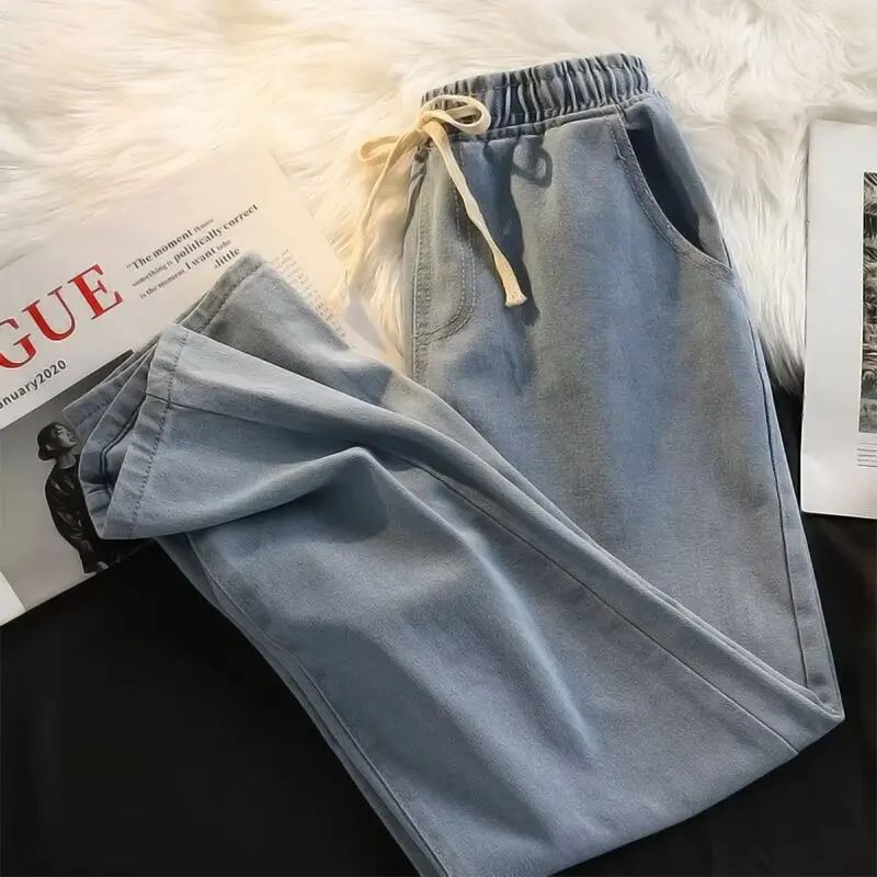 2025 New Solid Colors Men's Casual Long Jeans Classic Man Four Seasons Straight Denim Wide-leg Pants Light Blue Grey Black S-3XL