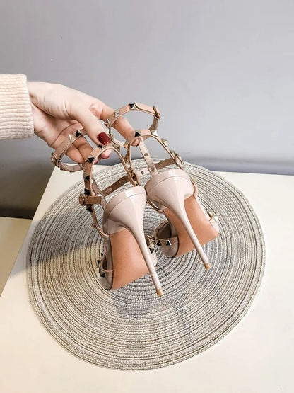 Riveted Nude High Heel Sandals for Women in Summer 2024, New Slim Heeled Pointed Fashion Sexy Back Empty Women's Sandals