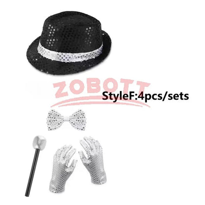 Disco Stage Performance Sequin Hat Tie Glove Set Michael Jackson Cosplay Style Sparkly Costume For Dance Party Halloween Gift