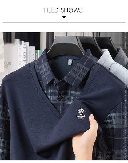 TFETTERS Business Men Polo Shirt 2025 Fashion Casual Slim Long Sleeve T Shirt Men Pullover Printed Plaid Shirts for Man Clothing