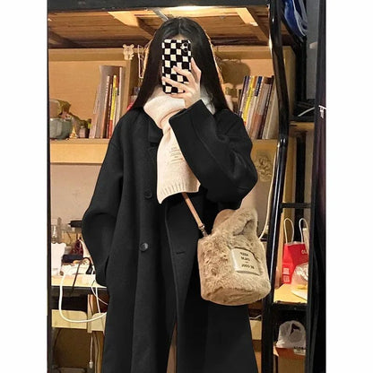 Winter Long Pink Woolen Coat French Hepburn Style Loose Casual Slimming Knee-Length Tweed Outerwear Women's Fashion