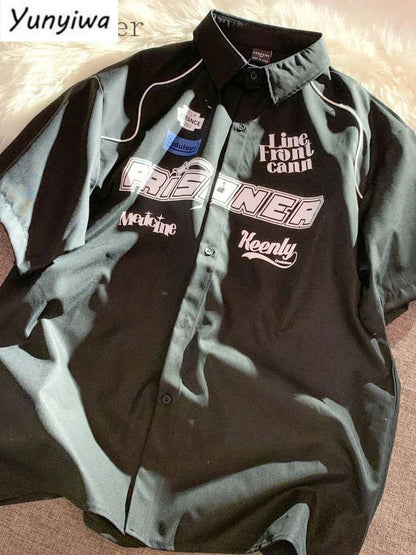 Cargo Short-sleeved Shirt New Summer Youth Casual Lapel Button Up Blouse Men Women Hip Hop Letter Print Racing Tee