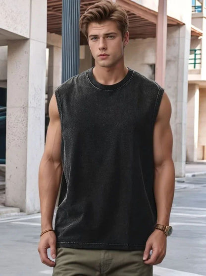 2025 Summer New cotton Men's Washed Cotton Tank Tops Muscle Gym Sleeveless Workout T Shirts Running Beach Loose Tees