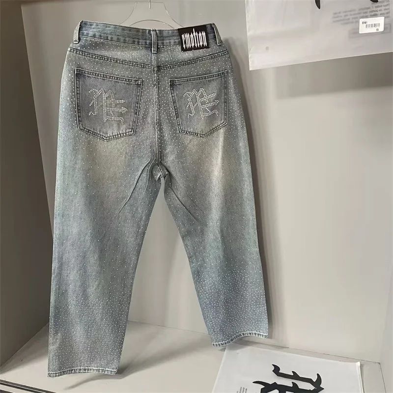 Calça Jeans Masculina Blue Washed MIXED EMOTION Hot Drill Letter Retrô Americana Calça Jeans Feminina Mixed Emotion